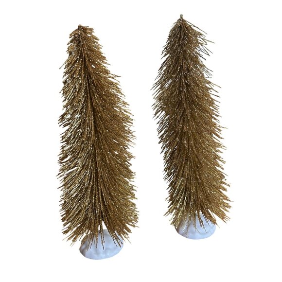 Vintage Gold Glitter Bottle Brush Christmas Trees 8" Tall Set Of 2 Holiday Decor - Picture 1 of 5